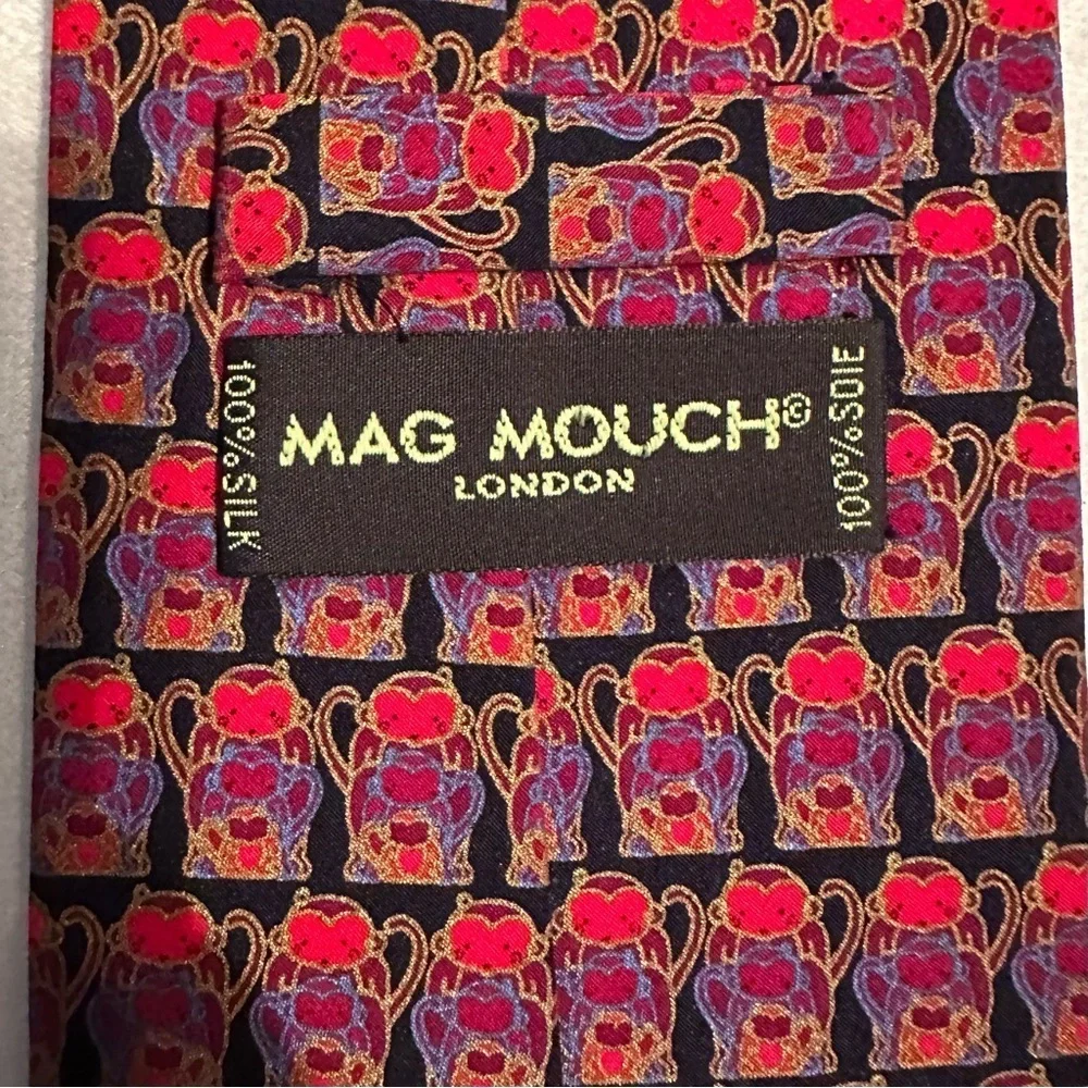 Mag Mouch London 100% Silk Mens Neck Tie Monkeys Red Black Vibrant Colorful
